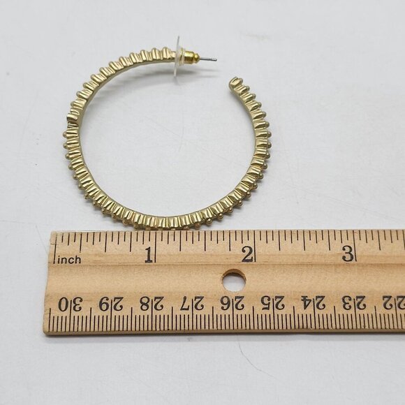 Gold Tone Textured Hoop Earrings With Rhinestone Flower Accents - Picture 7 of 7